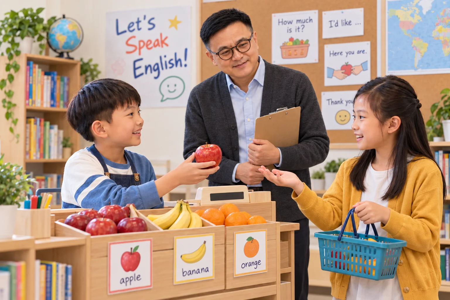 Joe Sir 陪伴學生以小商店角色扮演練習英語對話的學習情境示意