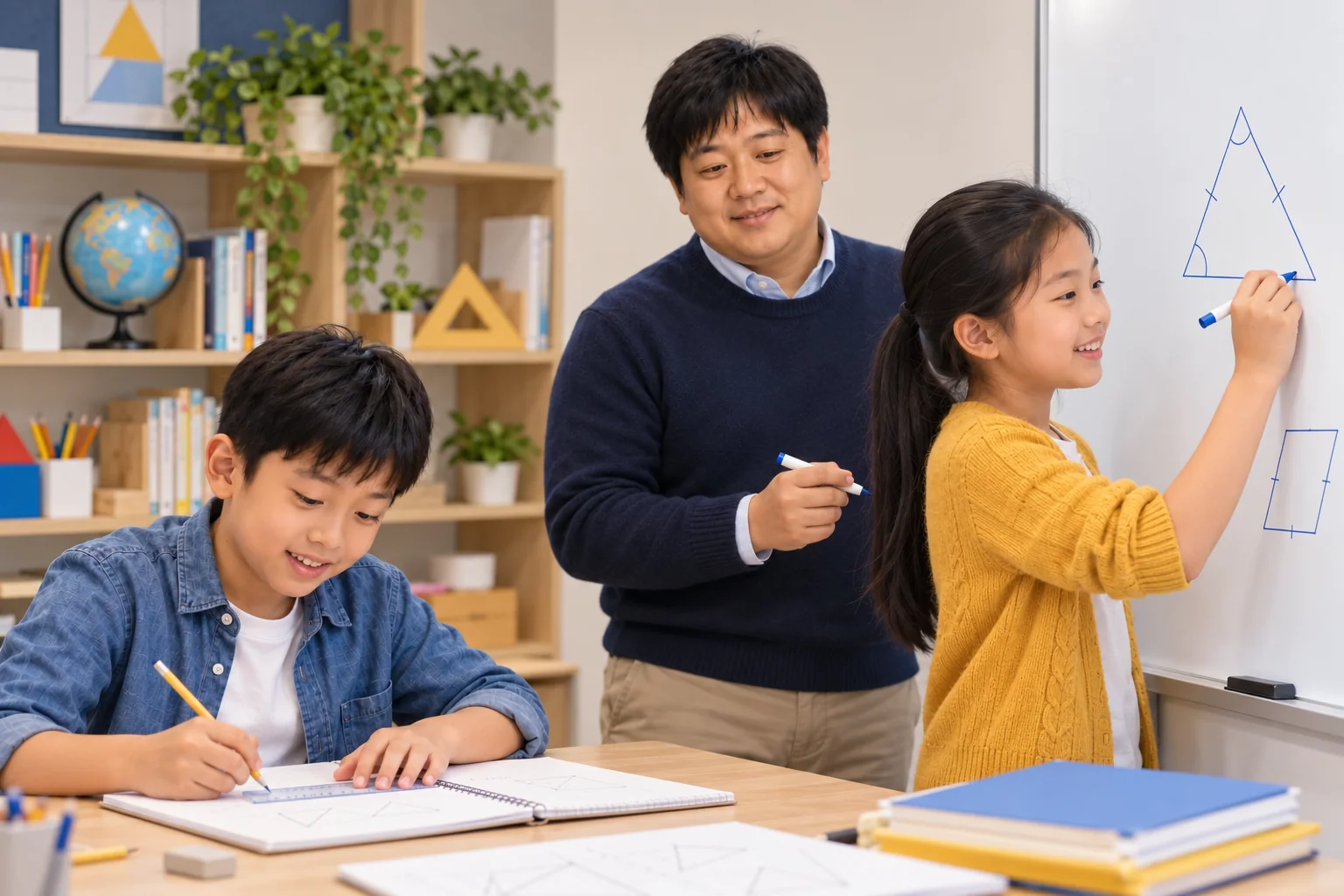 Anson Sir 指導一位學生在白板畫幾何圖,另一位學生在座位練習的學習情境示意